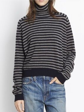 Vince Breton Cashmere Sweater L Gray Black Striped Turtleneck Relaxed Slouchy